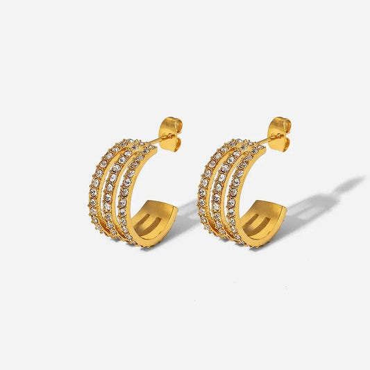 Stainless Steel Inlaid Zircon C-Hoop Earrings Gold One Size - Fashorio