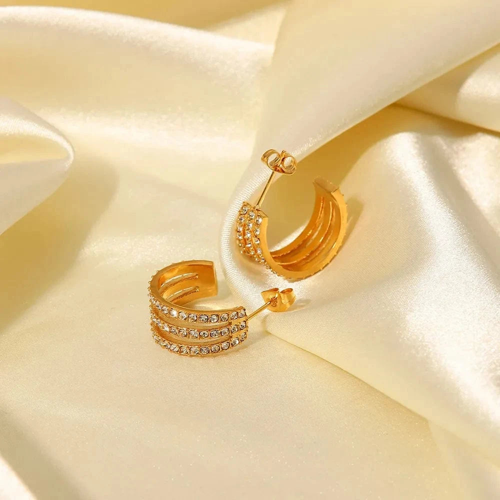 Fashorio Gold / One Size Stainless Steel Inlaid Zircon C-Hoop Earrings