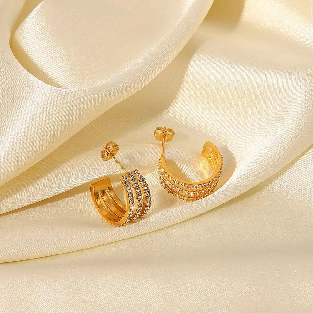Fashorio Gold / One Size Stainless Steel Inlaid Zircon C-Hoop Earrings
