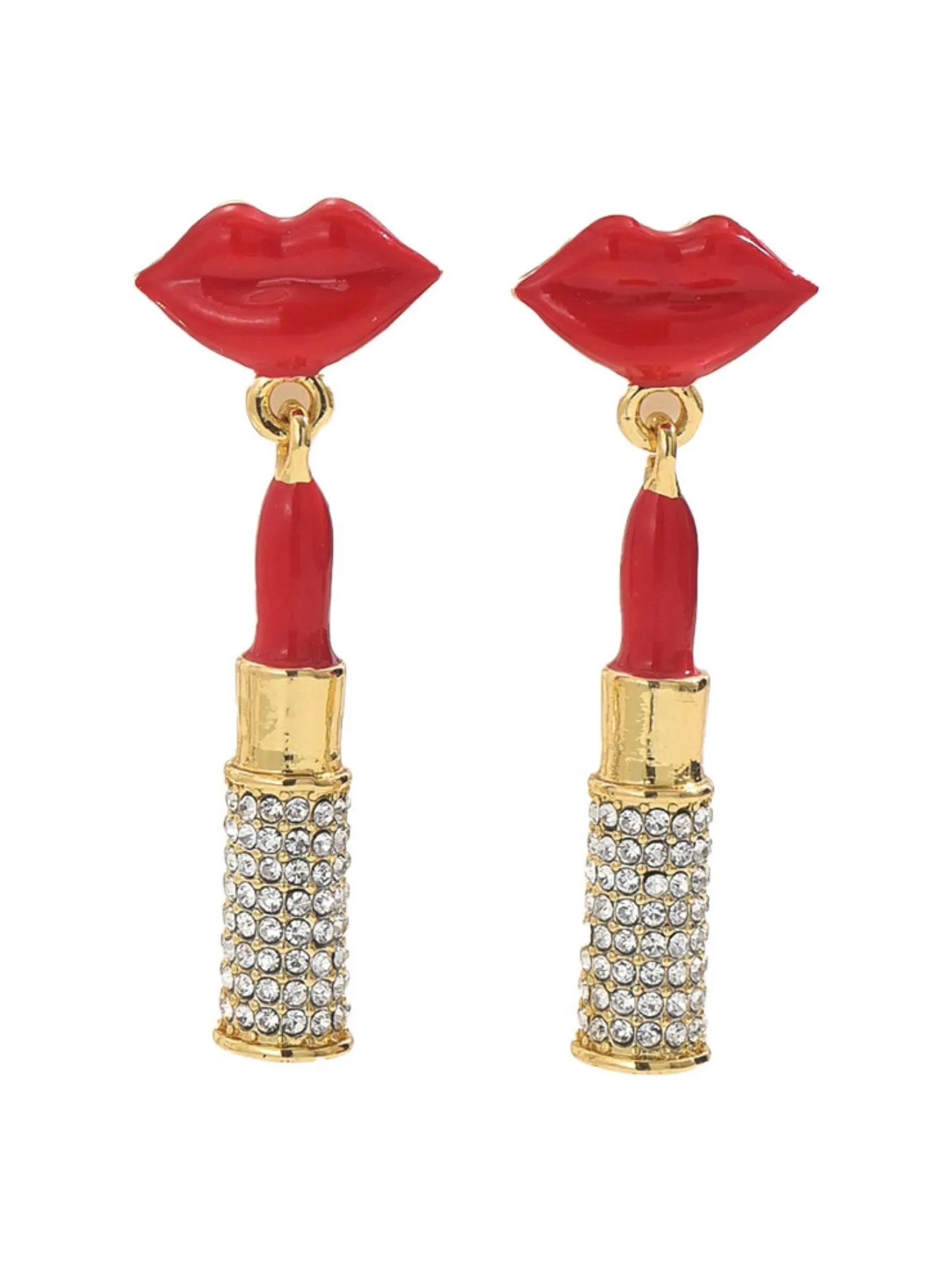 Fashorio Gold / One Size Stainless Steel Resin Lips Lipstick Rhinestone Earrings