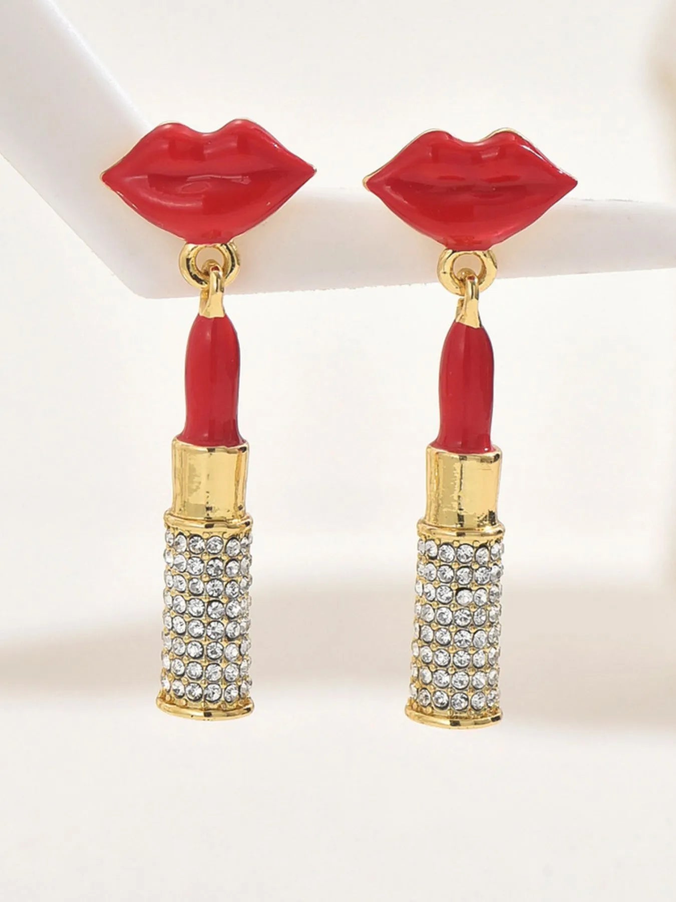 Fashorio Gold / One Size Stainless Steel Resin Lips Lipstick Rhinestone Earrings