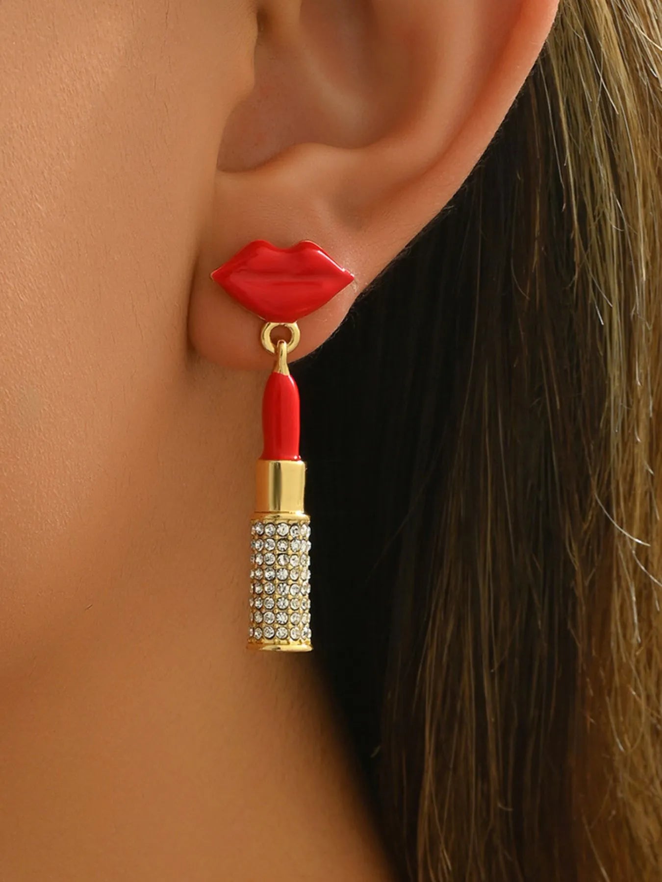 Fashorio Gold / One Size Stainless Steel Resin Lips Lipstick Rhinestone Earrings