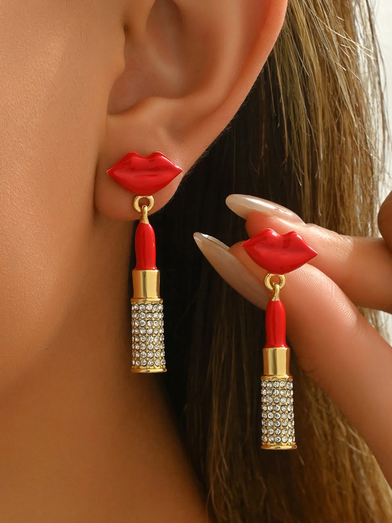 Fashorio Gold / One Size Stainless Steel Resin Lips Lipstick Rhinestone Earrings