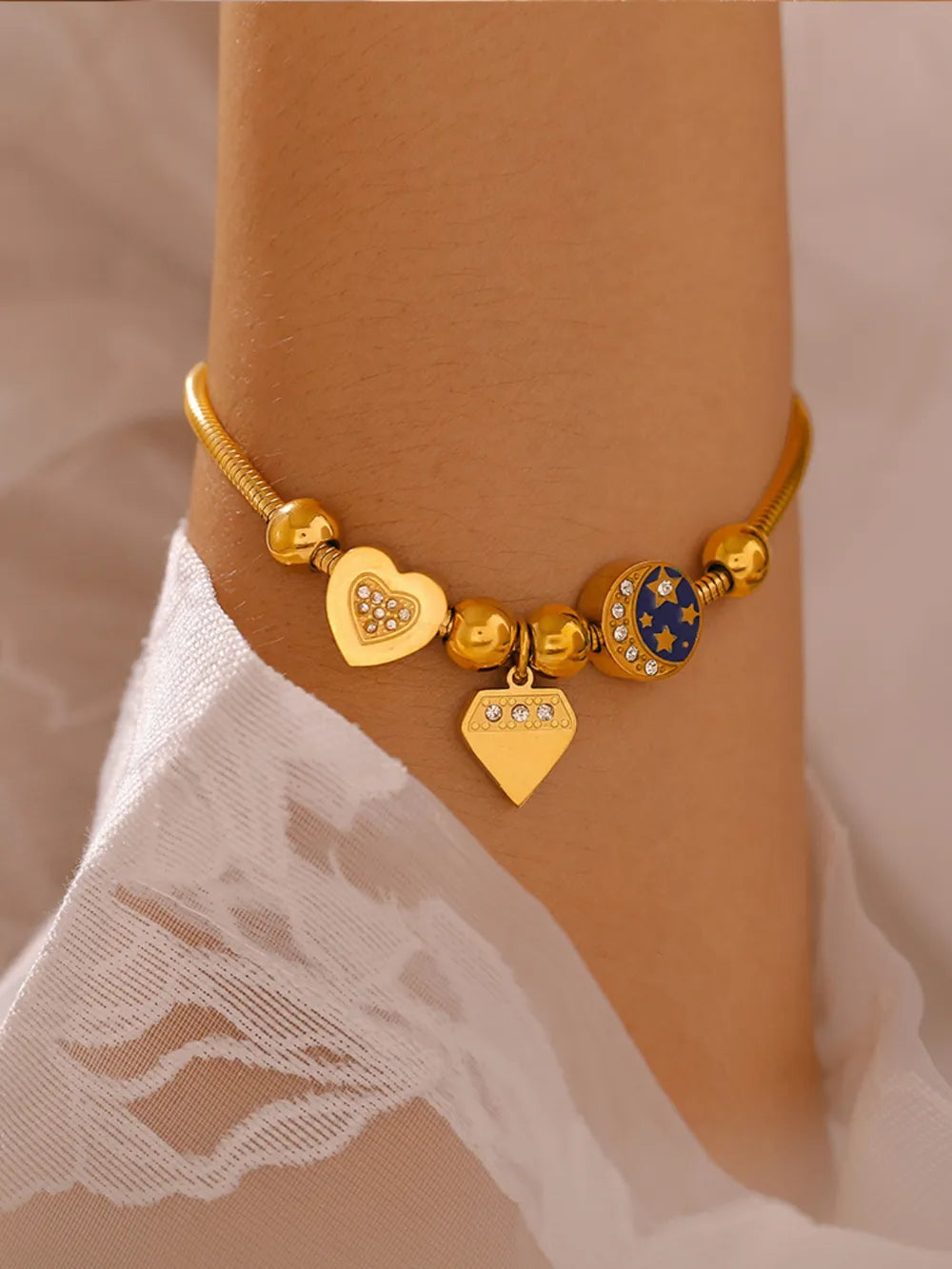 Fashorio Gold / One Size Stainless Steel Rhinestone Charm Bracelet