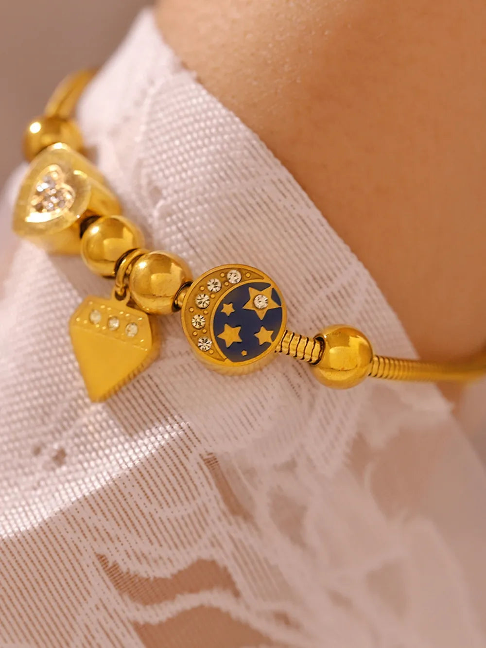 Fashorio Gold / One Size Stainless Steel Rhinestone Charm Bracelet