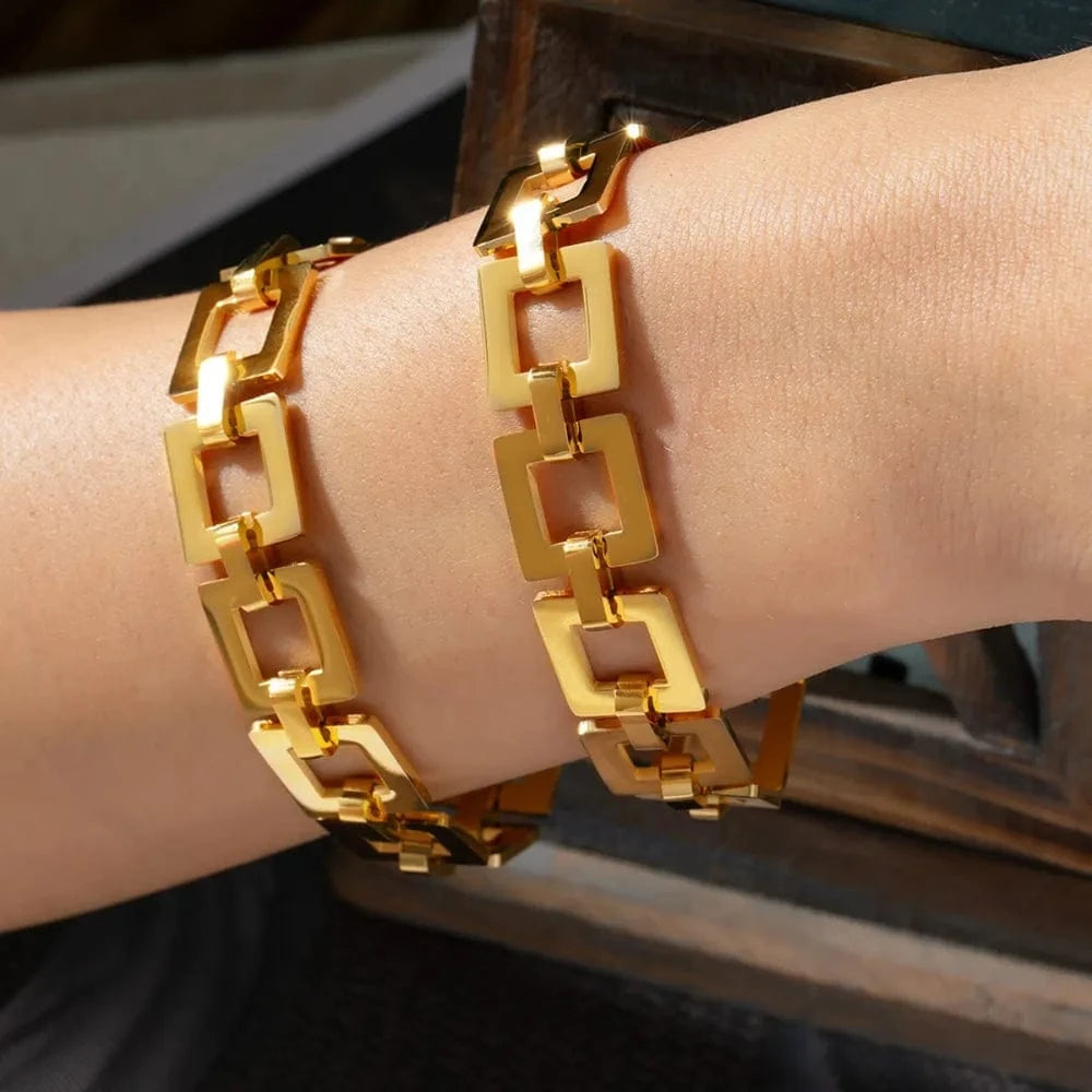 Fashorio Gold / One Size Titanium Steel Hollow Square Chain Bracelet