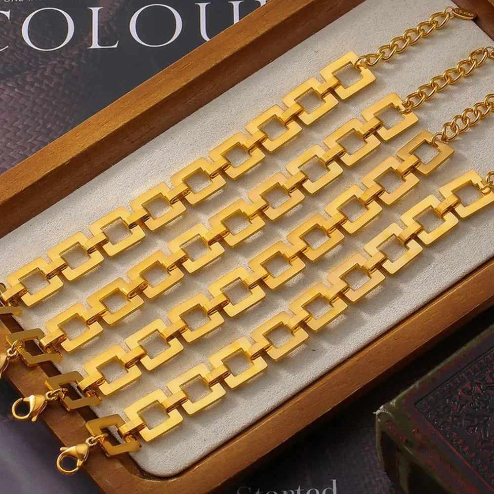 Fashorio Gold / One Size Titanium Steel Hollow Square Chain Bracelet