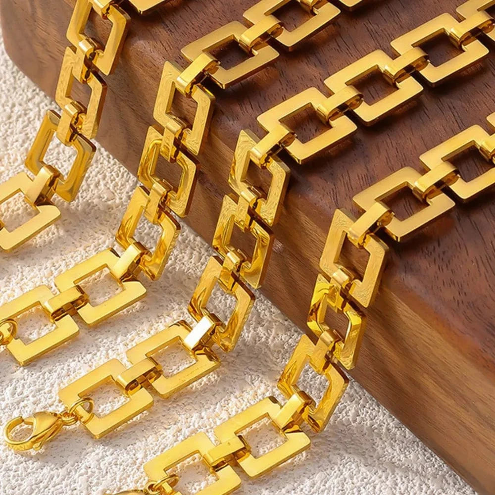 Fashorio Gold / One Size Titanium Steel Hollow Square Chain Bracelet