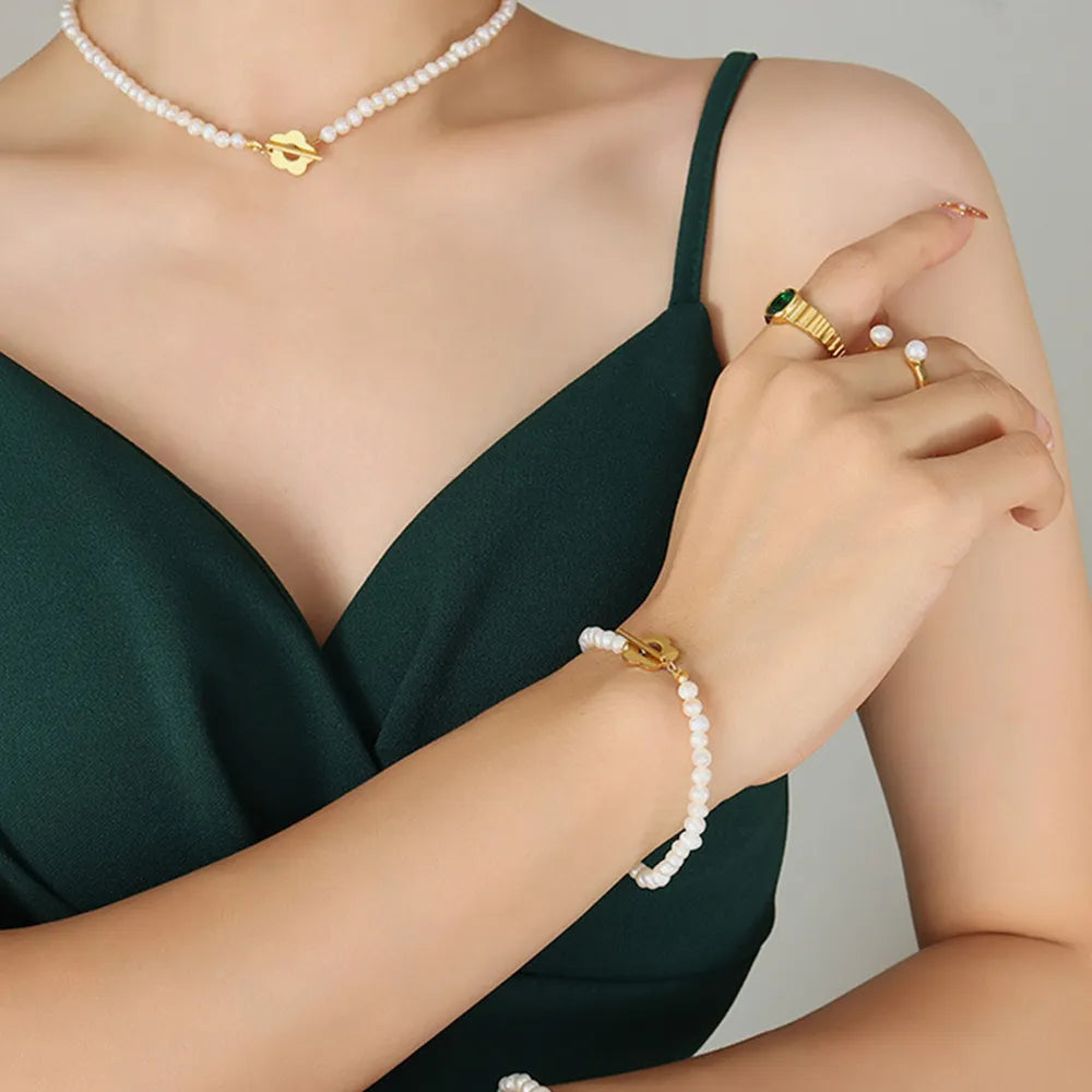 Fashorio Gold / One Size Titanium Steel Pearl Flower Bracelet