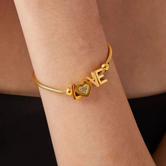 Titanium Steel Rhinestone Letter Bracelet Gold One Size - Fashorio