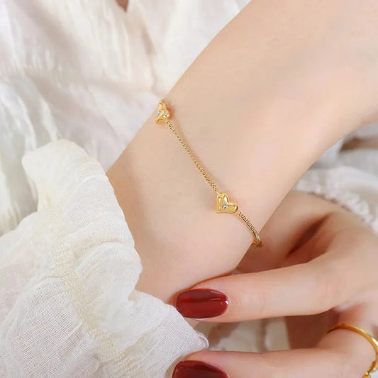 Titanium Steel Zircon Heart Bracelet Gold One Size - Fashorio