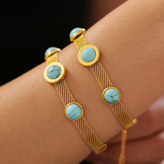 Turquoise Titanium Steel Bracelet Gold One Size - Fashorio