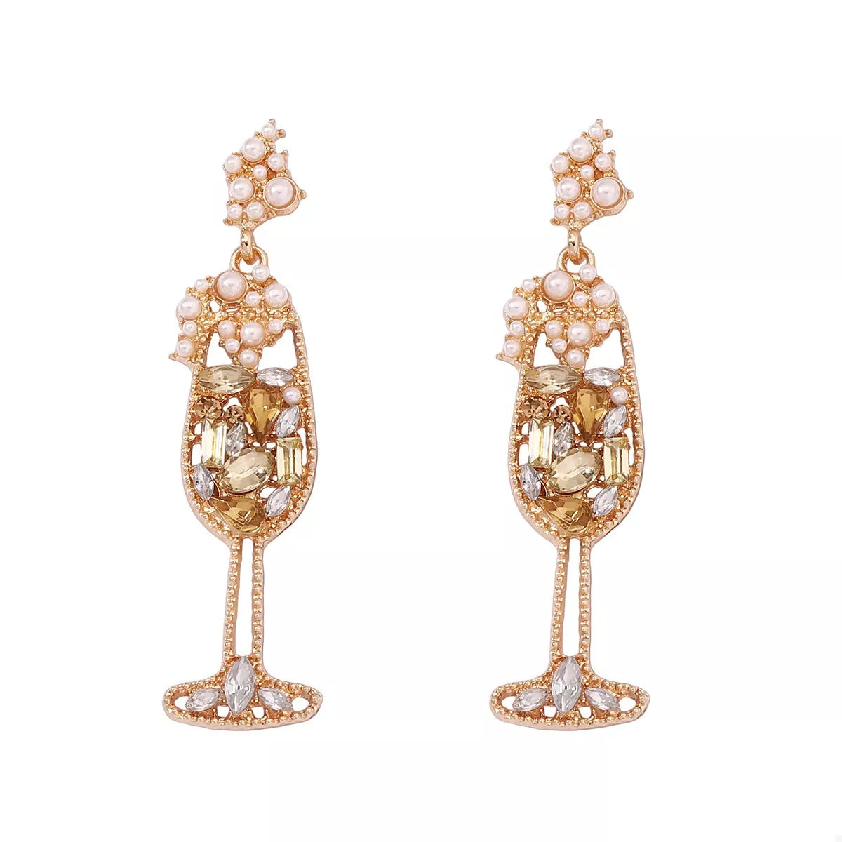 Fashorio Gold / onesize Champagne Glass Rhinestone Dangle Earrings