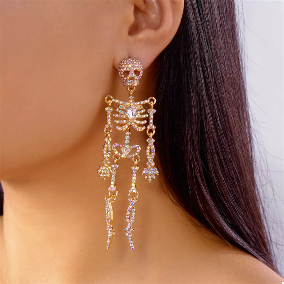 Fashorio Gold / onesize Halloween Skeleton Skull Zircon Drop Earrings