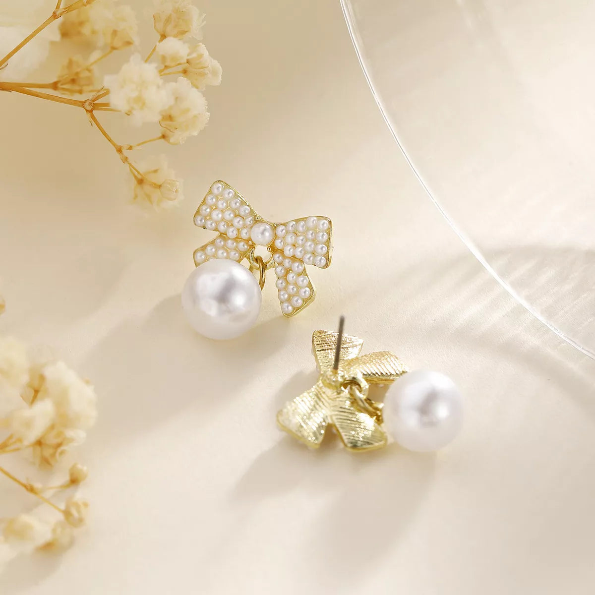 Fashorio Gold / onesize Pearl Bowknot Drop Earrings