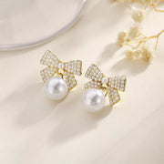 Fashorio Gold / onesize Pearl Bowknot Drop Earrings