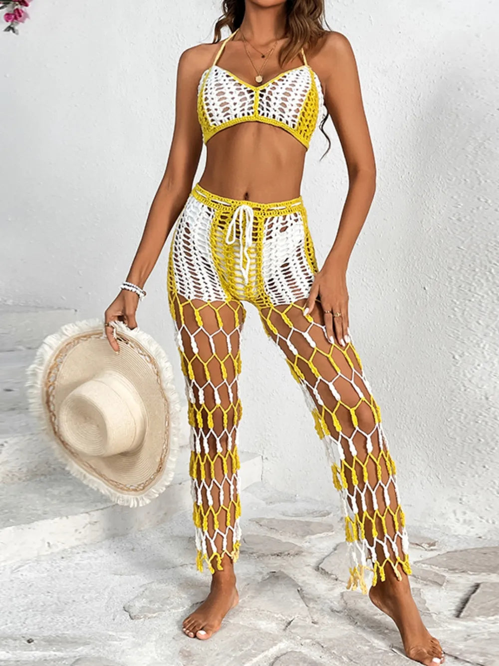 Fashorio Gold / S Cutout Halter Neck Top and Pants Two-Piece Swim Set