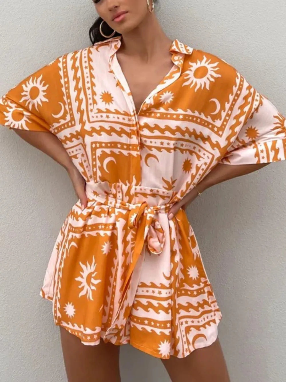 Fashorio Gold / S Printed Tie Waist Half Sleeve Romper