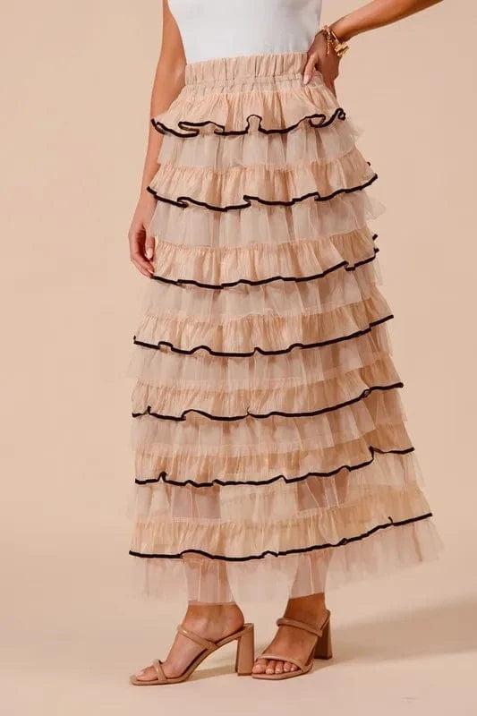 SO ME Layered Ruffled Tulle Maxi Skirt GOLD - Fashorio