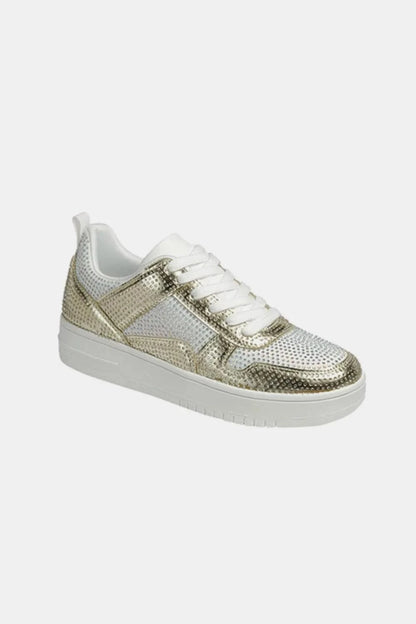 Forever Link Rhinestone Platform Flat Sneakers Gold White - Fashorio