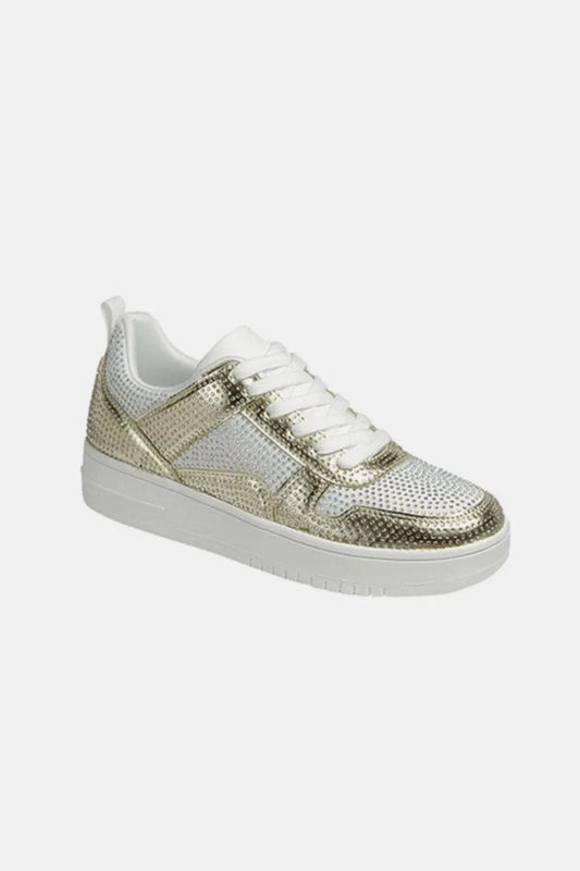 Forever Link Rhinestone Platform Flat Sneakers Gold White - Fashorio