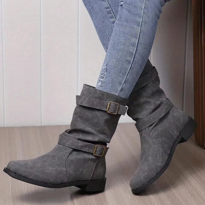 Mid-Calf Buckle Strap Boots Gray - Fashorio