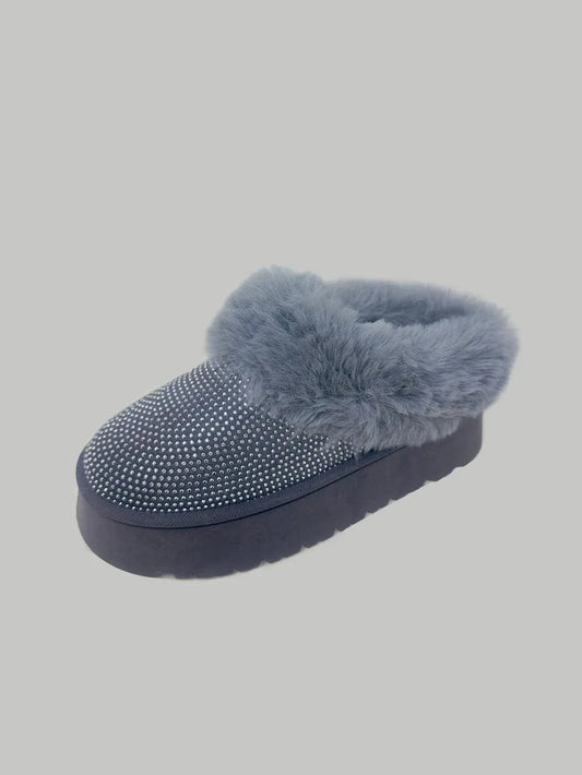 WILD DIVA Embellished Faux Fur Platform Booties Gray - Fashorio