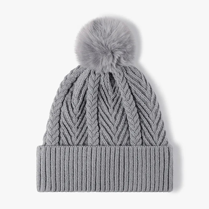 Fashorio Gray / One Size Cable Knit Solid Color Hat with Pompom