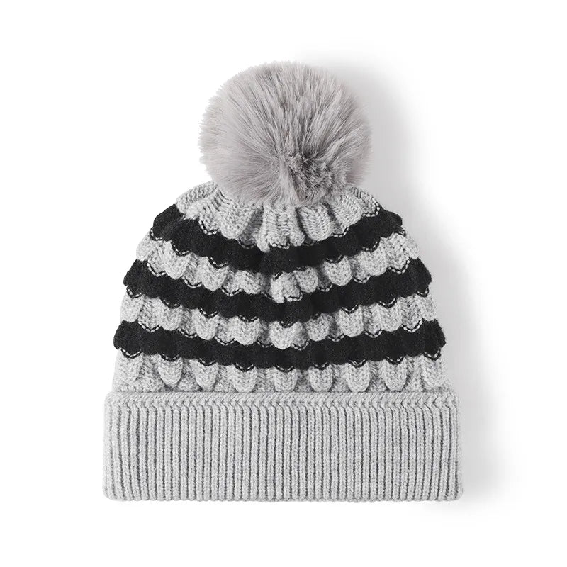 Fashorio Gray / One Size Striped Contrast Knit Hat with Pom-pom