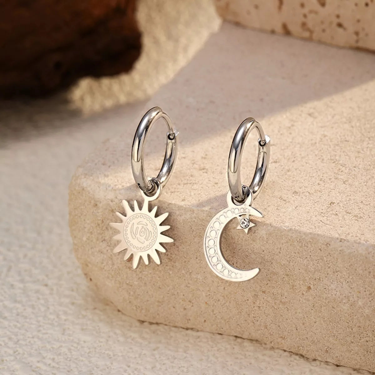 Fashorio Gray / One Size Sun and Moon Dangle Hoop Earrings