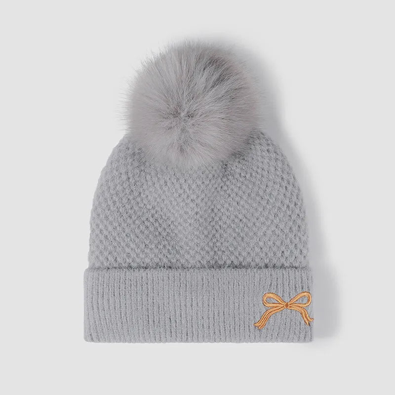 Fashorio Gray / One Size Thermal Bow Knit Hat with Pompom