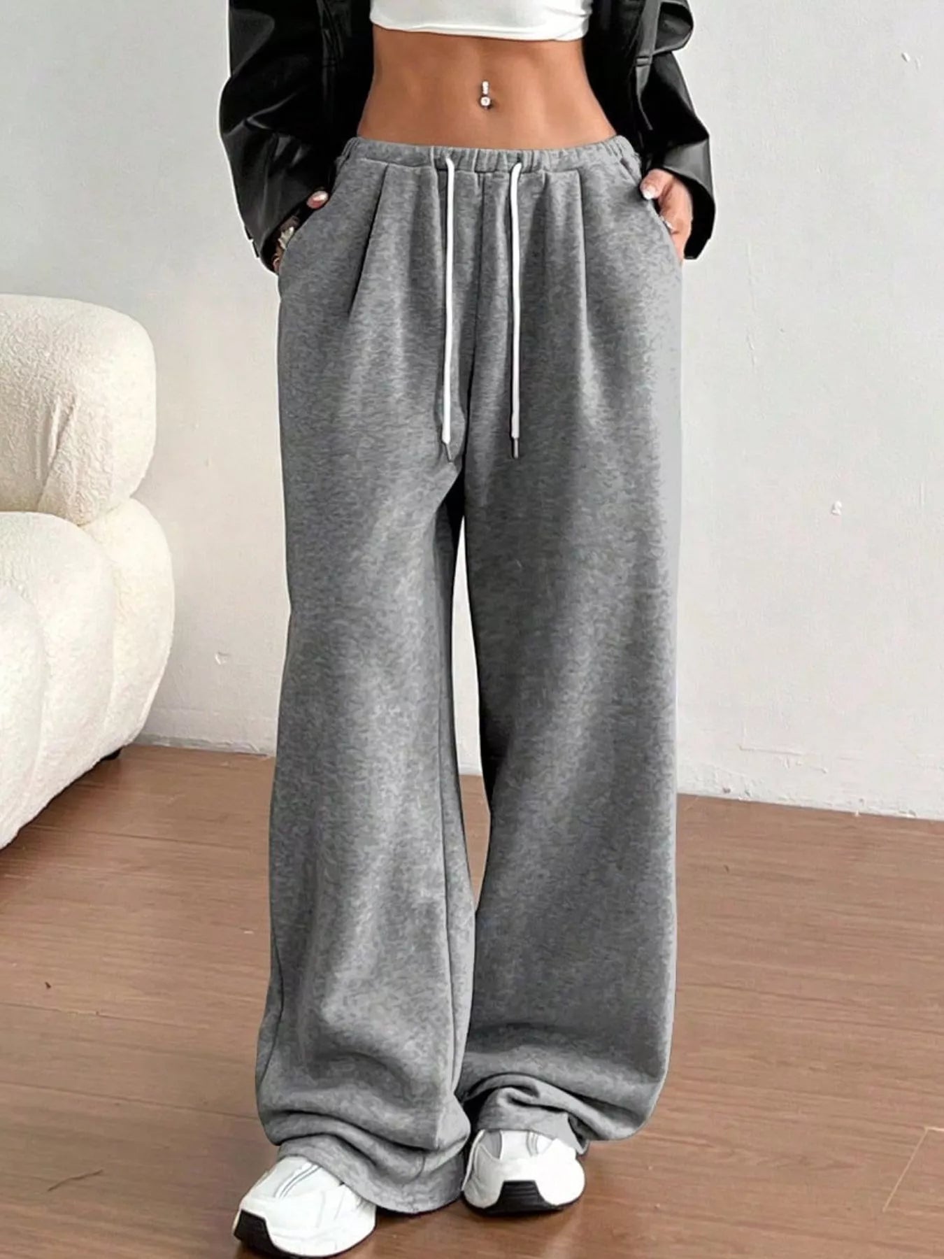 Fashorio Gray / S Casual Drawstring High Waist Wide Leg Sweatpants