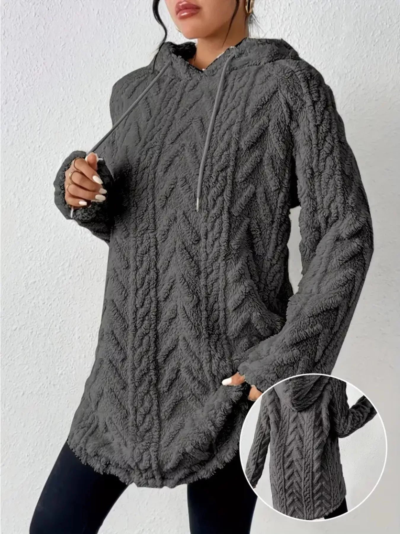 Fashorio Gray / S Cozy Textured Drawstring Fleece Hoodie