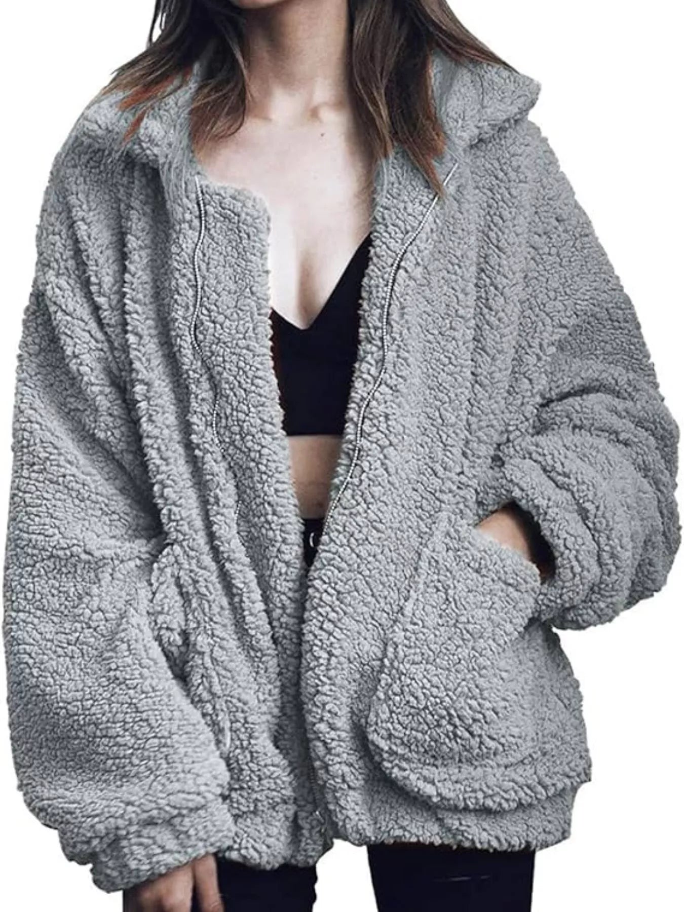 Fashorio Gray / S Full Size Cozy Fleece Zip Up Jacket Plus Size