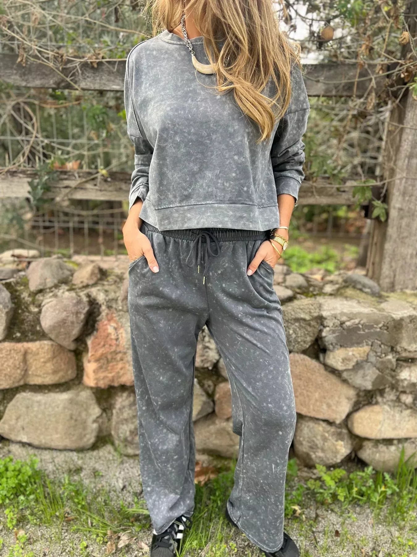 Fashorio Gray / S Full Size Washed Round Neck Top and Drawstring Pants Set Plus Size