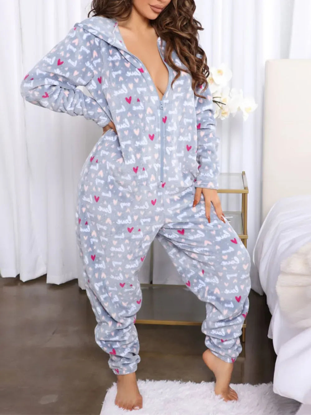 Fashorio Gray / S Printed Zip Up Long Sleeve Hooded Lounge Jumpsuit