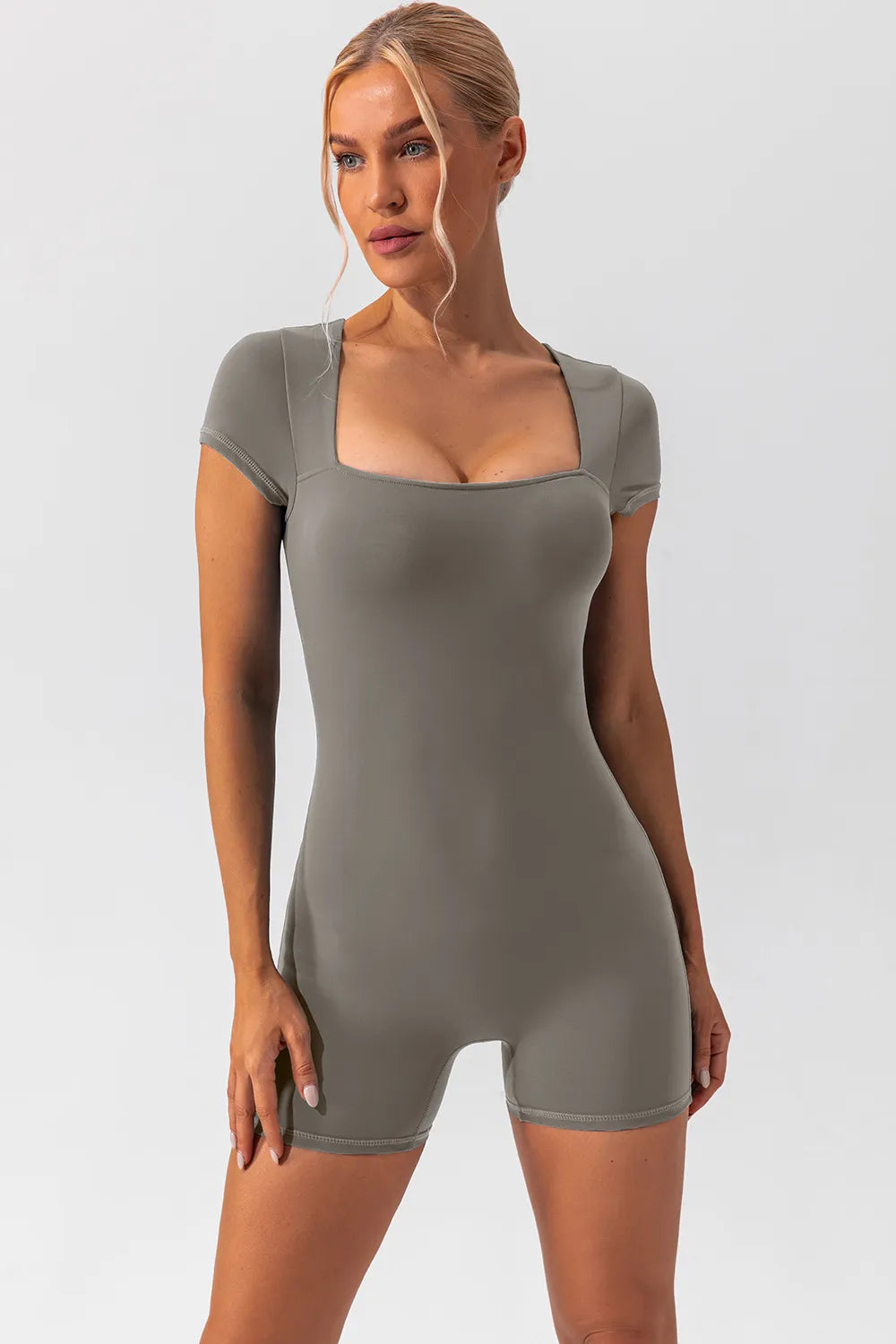 Fashorio Gray / S Square Neck Cap Sleeve Active Romper