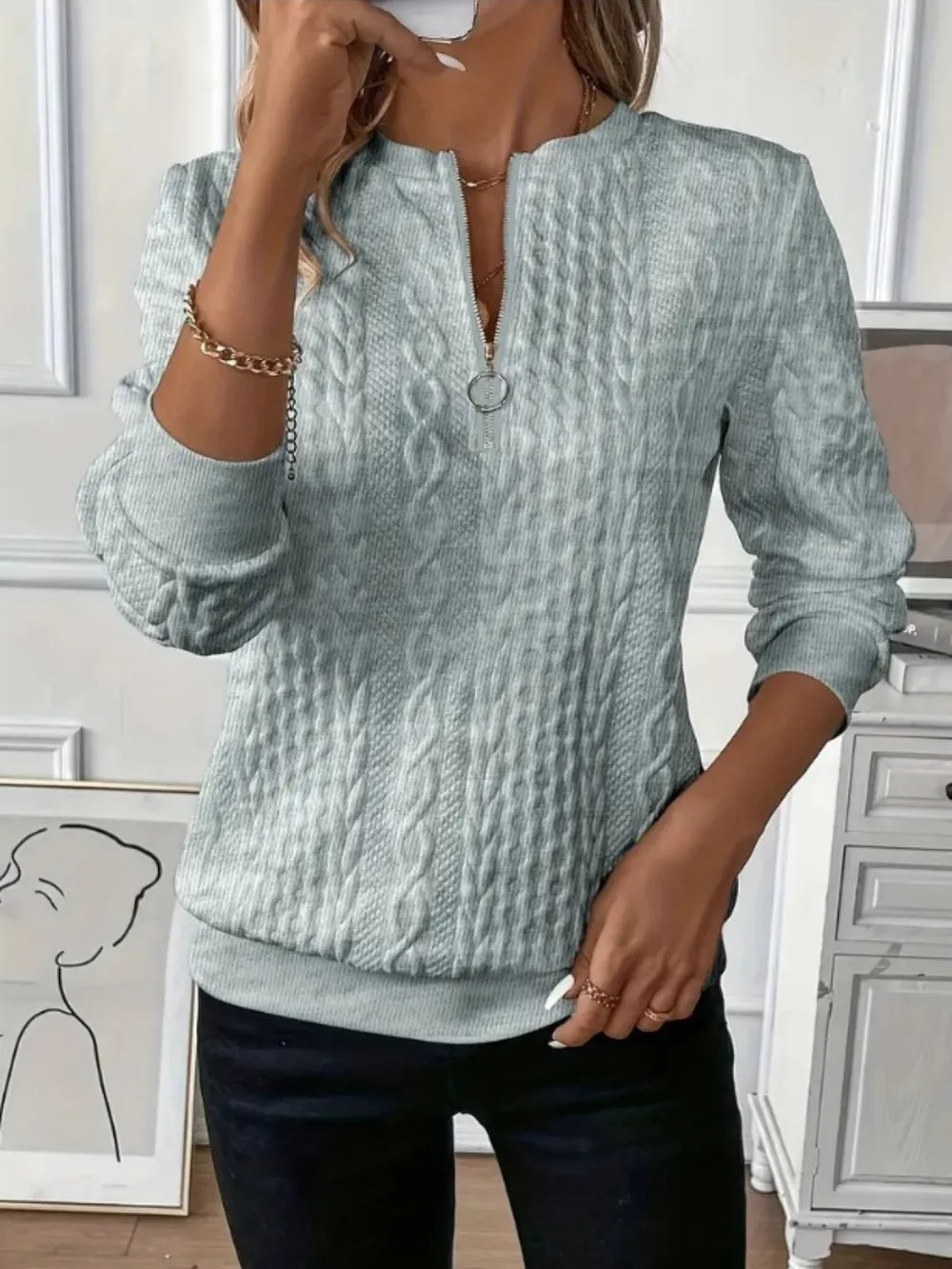 Fashorio Gray / S Texture Half Zip Long Sleeve Sweatshirt