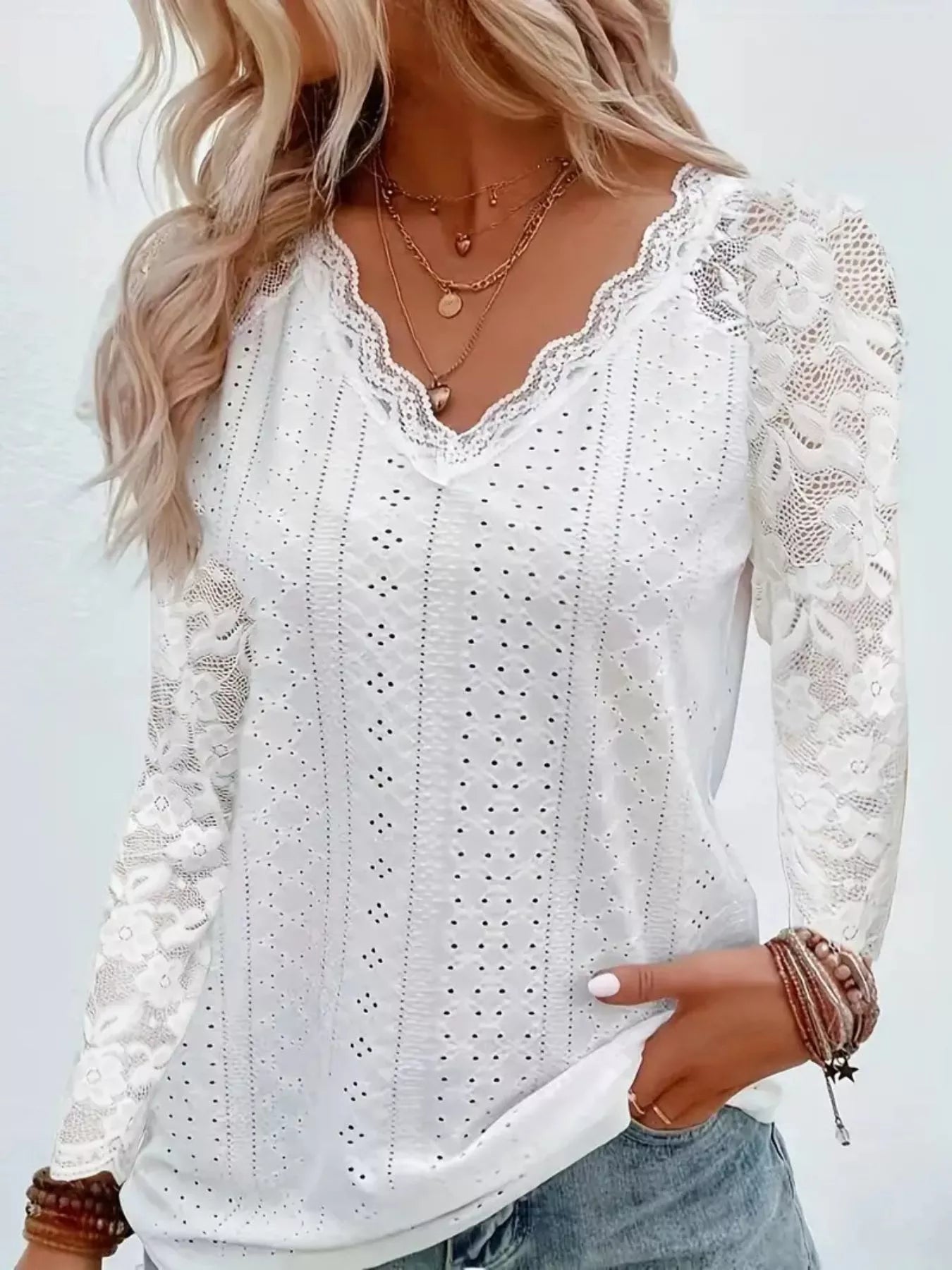 Fashorio Gray/white / S Eyelet Lace Sleeve V-Neck Blouse