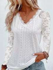 Fashorio Gray/white / S Eyelet Lace Sleeve V-Neck Blouse
