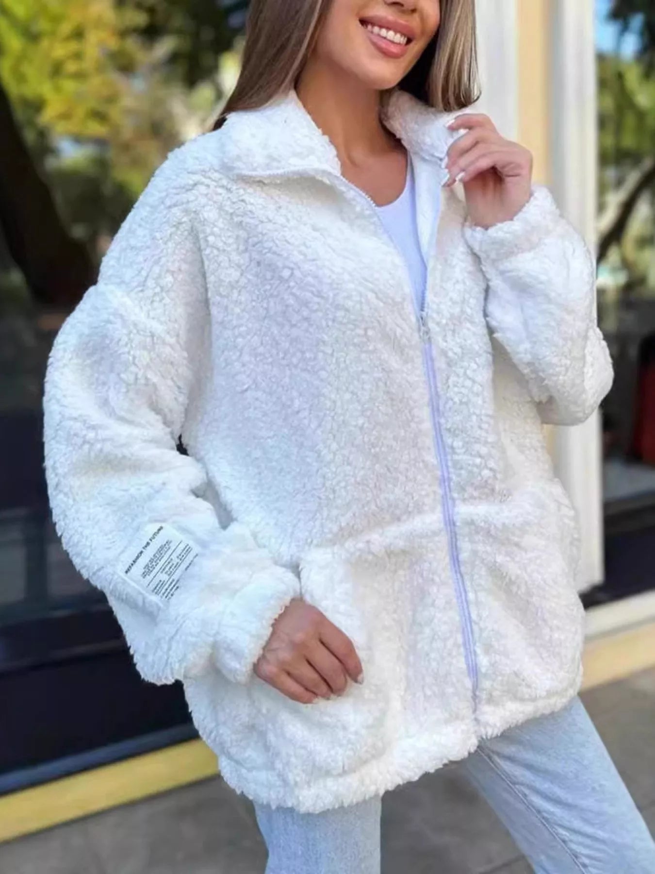 Fashorio Gray/white / S Full Size Sherpa Fleece Zip-Up Jacket Plus Size