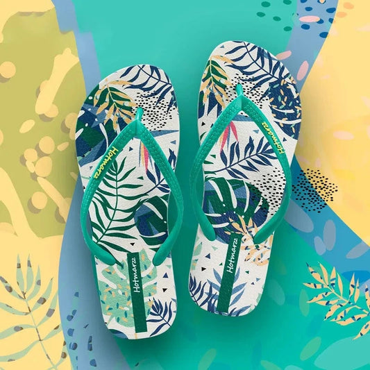 Tropical Leaf Print Summer Slippers Green - Fashorio