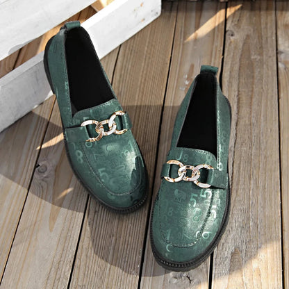 Round Toe Block Heels Loafers Green - Fashorio