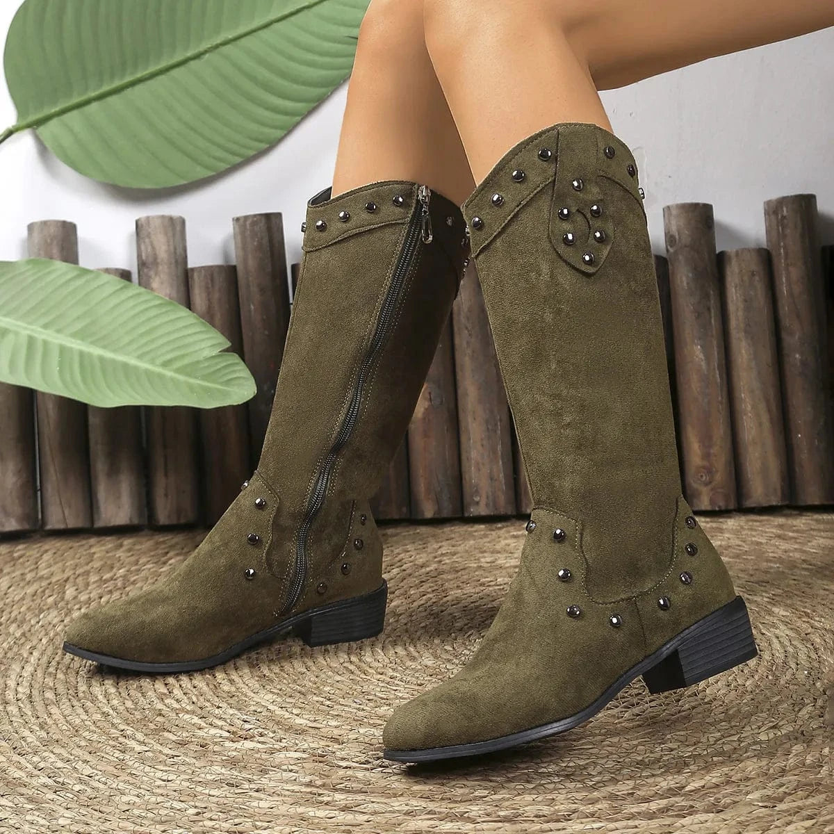 Fashorio Green / 36 Studded Mid-Calf Boots with Side Zipper Closure