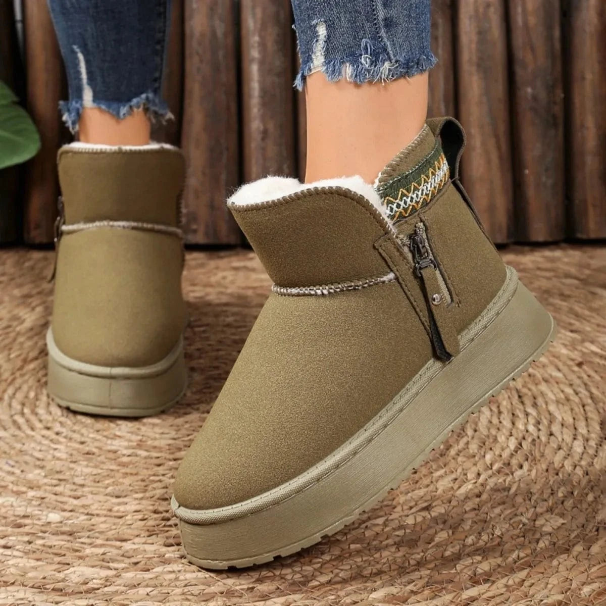 Suede Ankle Boots with Decorative Strap Green - Fashorio