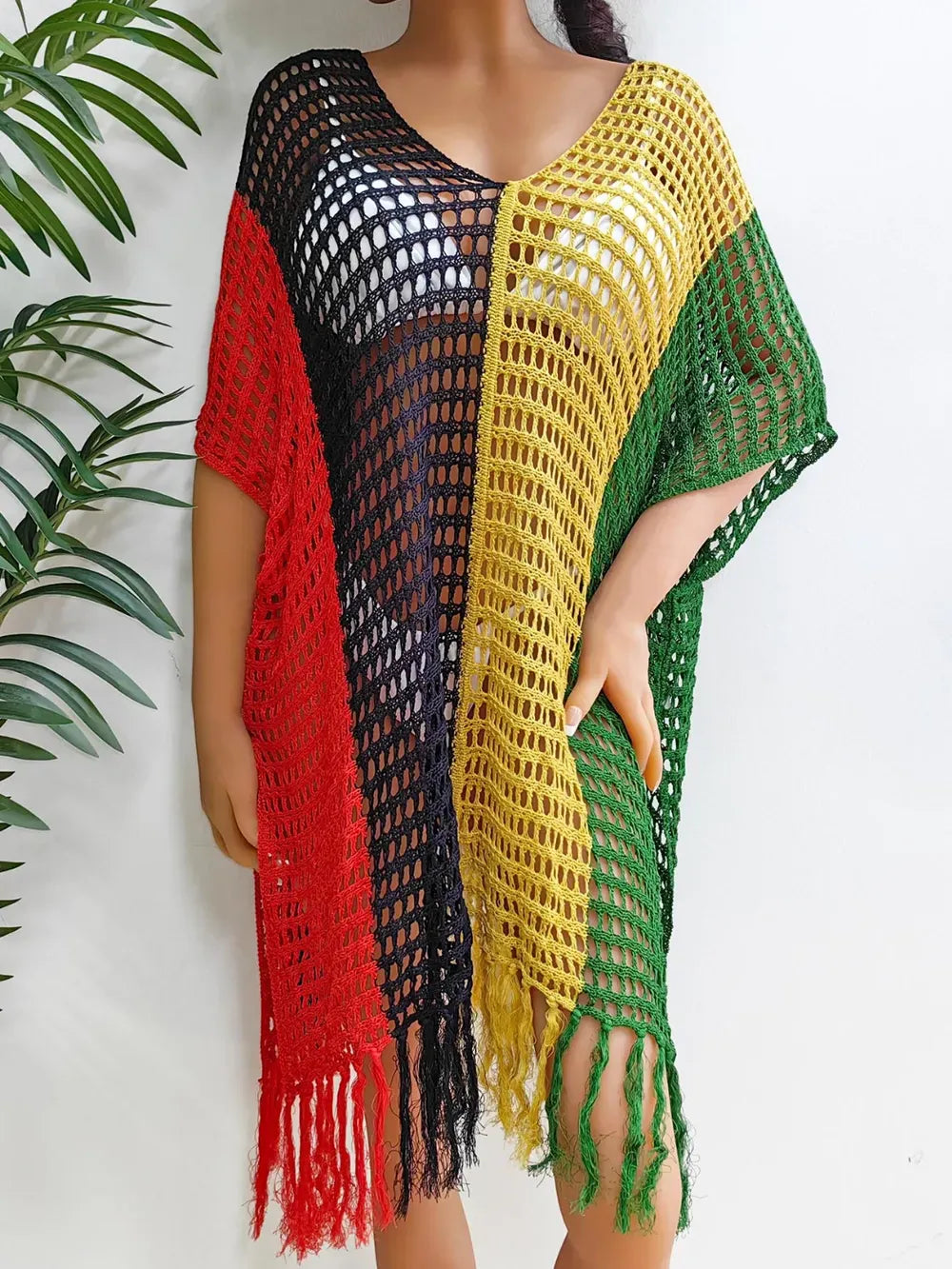 Fashorio Green / One Size Fringe Color Block Scoop Neck Cover Up