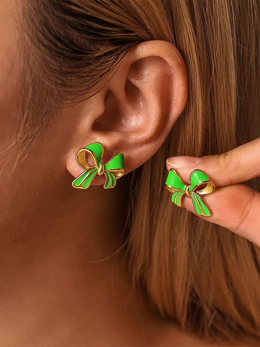 Fashorio Green / One Size Stainless Steel Oil Drip Bow Stud Earrings