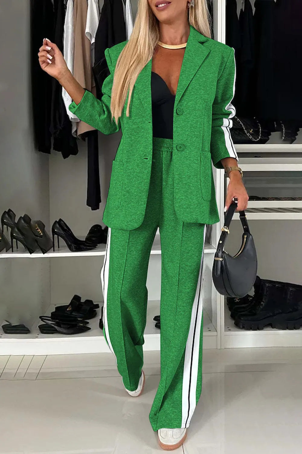Fashorio Green / S Full Size Contrast Lapel Collar Top and Pants Set