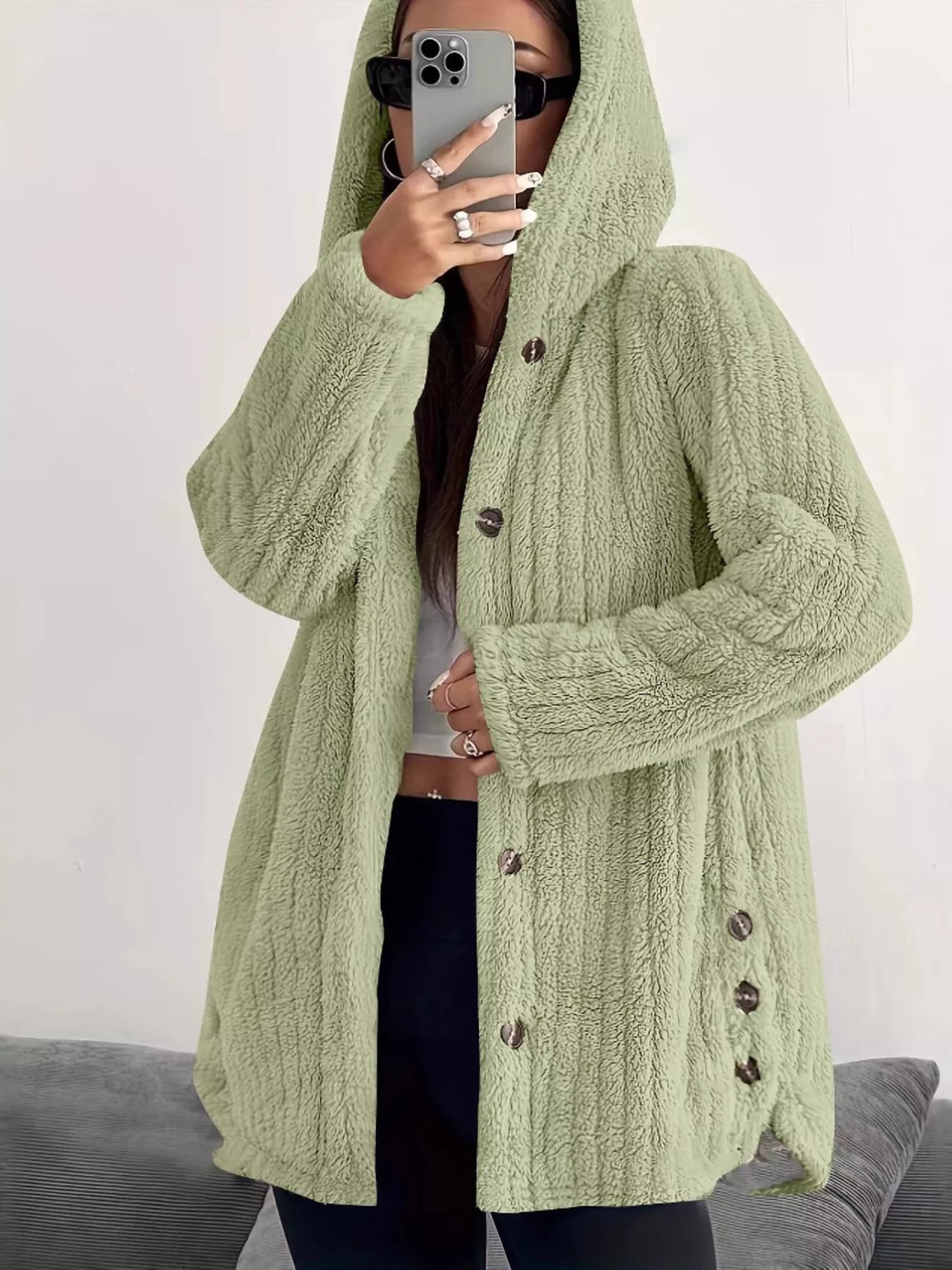 Fashorio Green / S Full Size Fleece Button Up Hooded Outerwear Plus Size