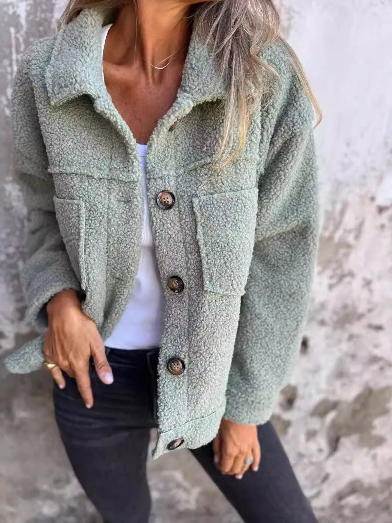 Fashorio Green / S Full Size Single-Breasted Sherpa Shacket Plus Size